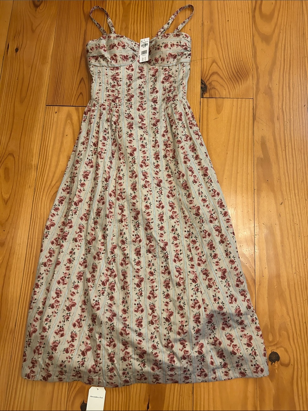 Abercrombie & Fitch Striped Floral Midi Dress in Light Blue and Rose